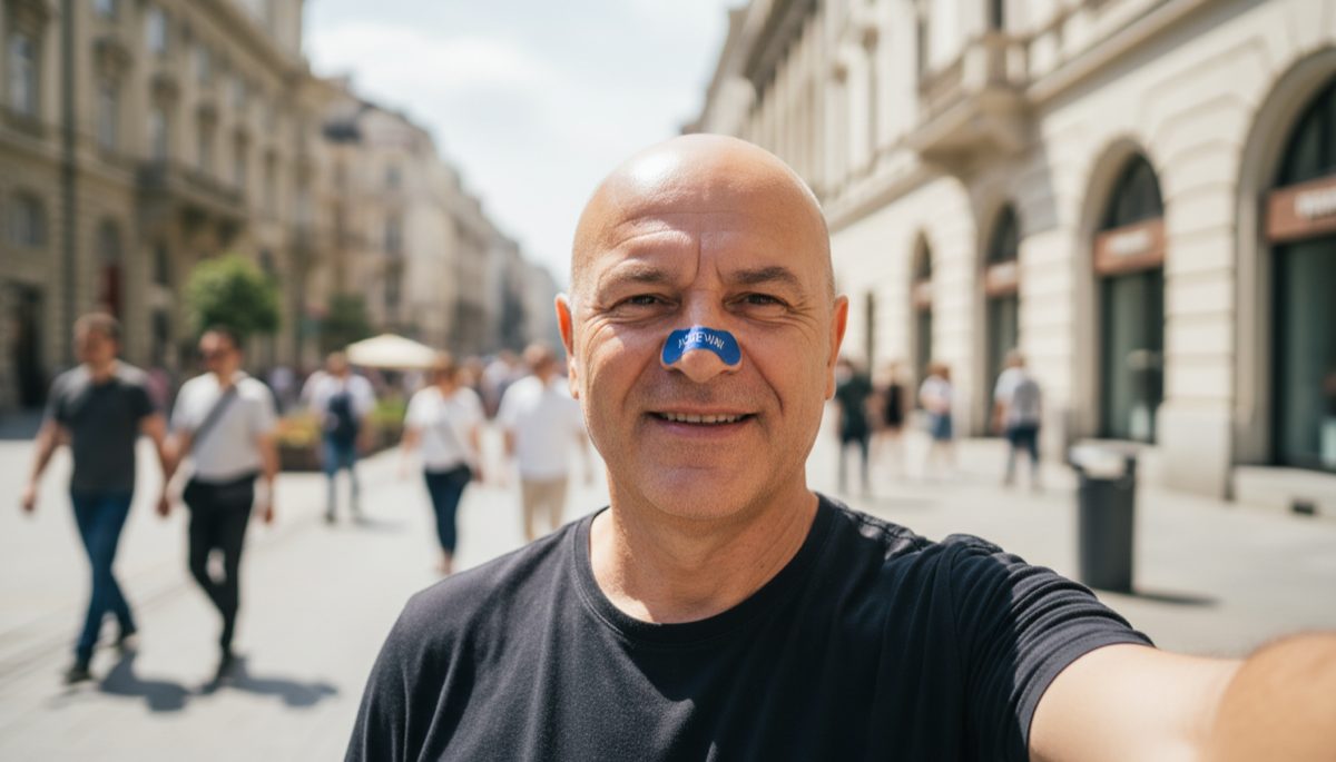 Мъж 59г с Noseway лепенка на улицата