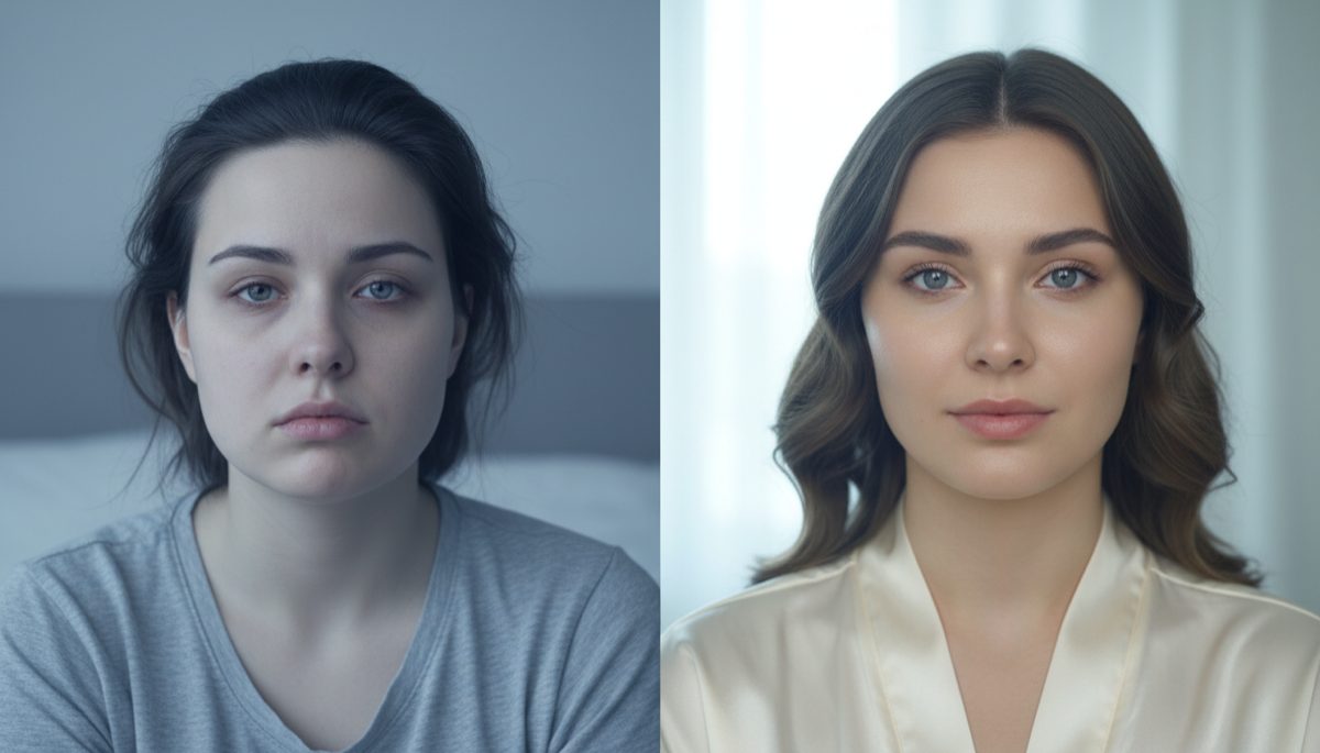 Преди и след — уморена vs отпочинала жена сутрин